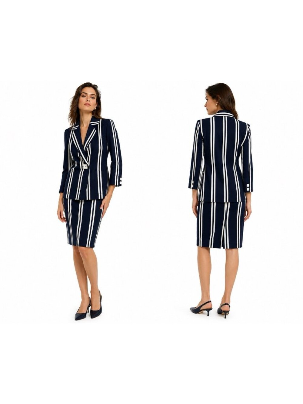 vintage 80s LILLI ANN 2 piece suit navy white S M stripe blazer pencil skirt